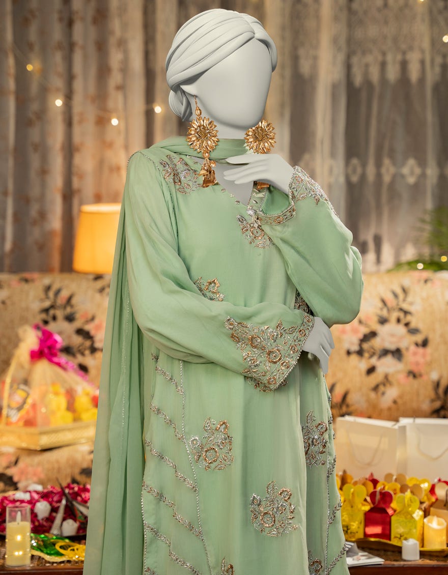 GREEN CHIFFON EMBROIDERED 3PC STITCHED