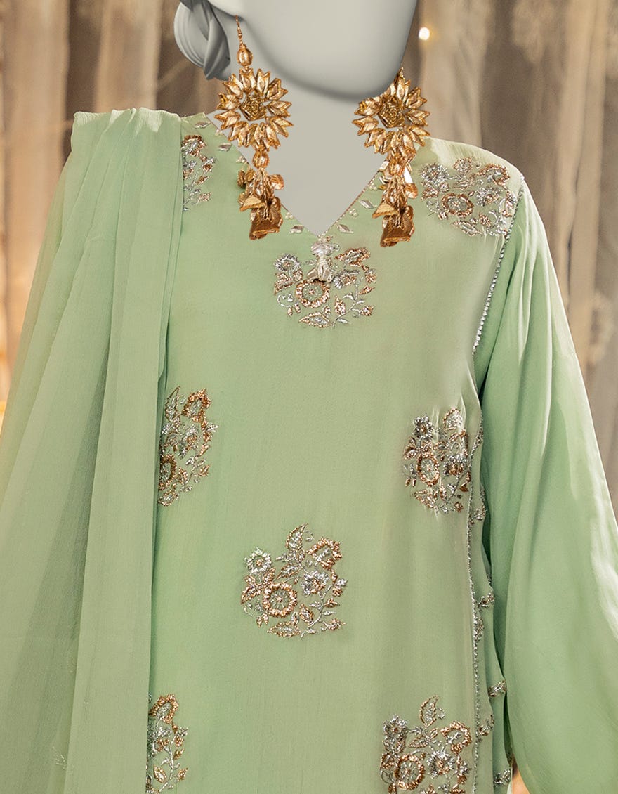 GREEN CHIFFON EMBROIDERED 3PC STITCHED