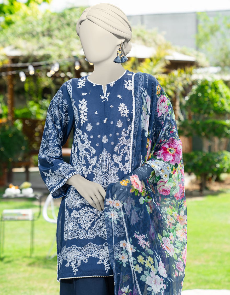 BLUE LAWN EMBROIDERED 3PC STITCHED