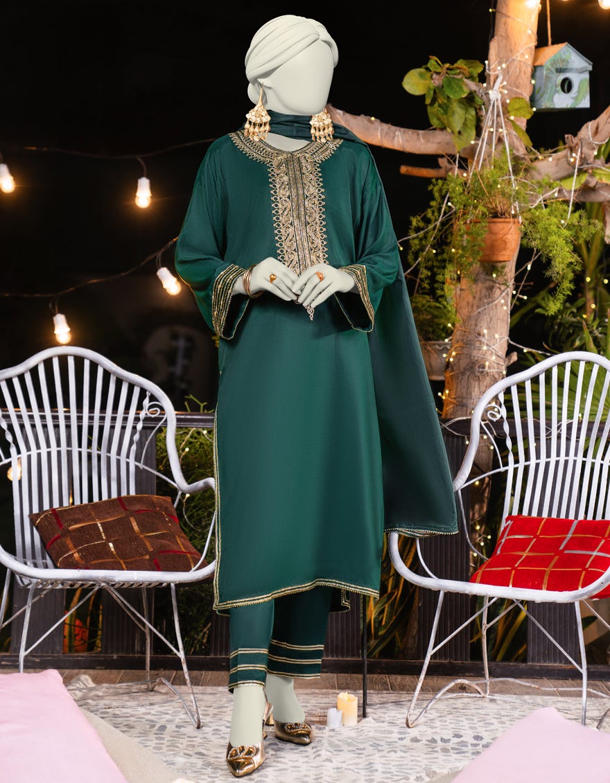 GREEN SILK EMBROIDERED 3PC STITCHED