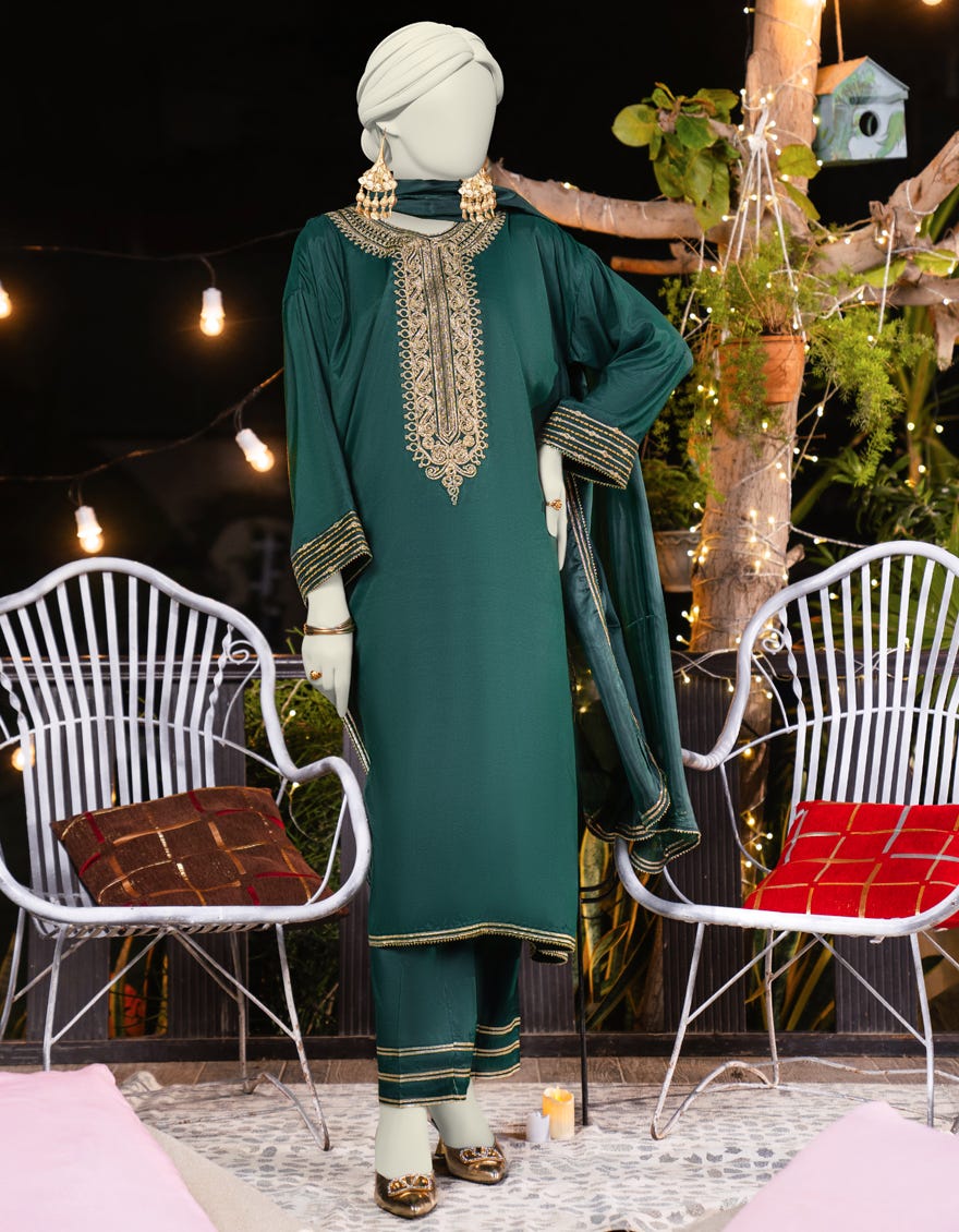 GREEN SILK EMBROIDERED 3PC STITCHED