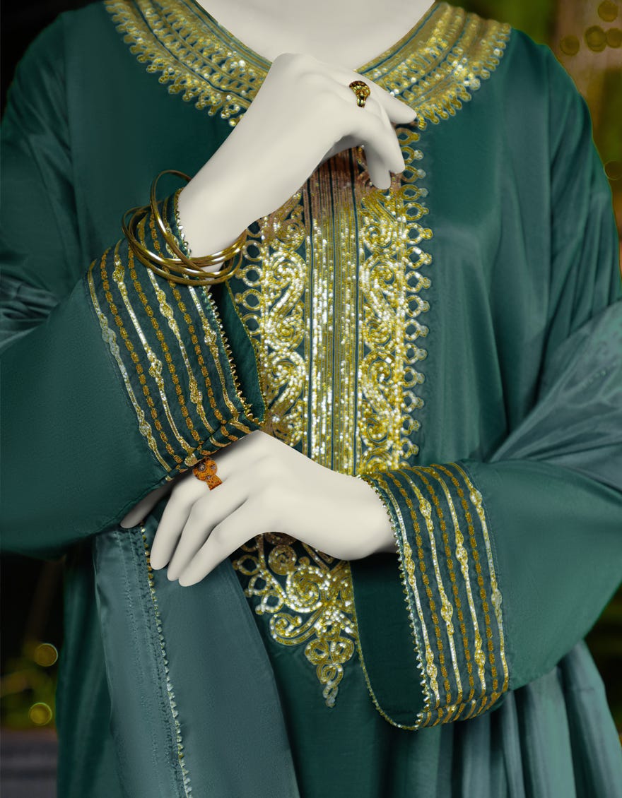 GREEN SILK EMBROIDERED 3PC STITCHED