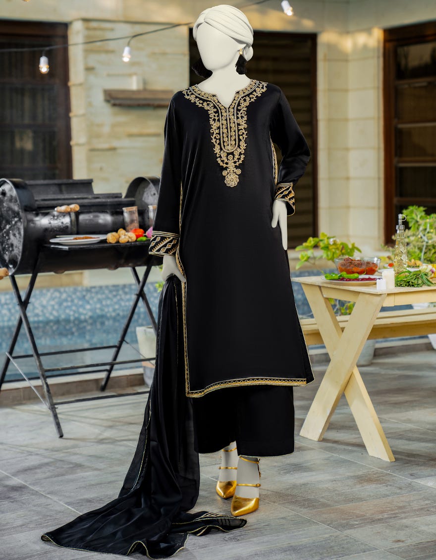 BLACK SILK EMBROIDERED 3PC STITCHED
