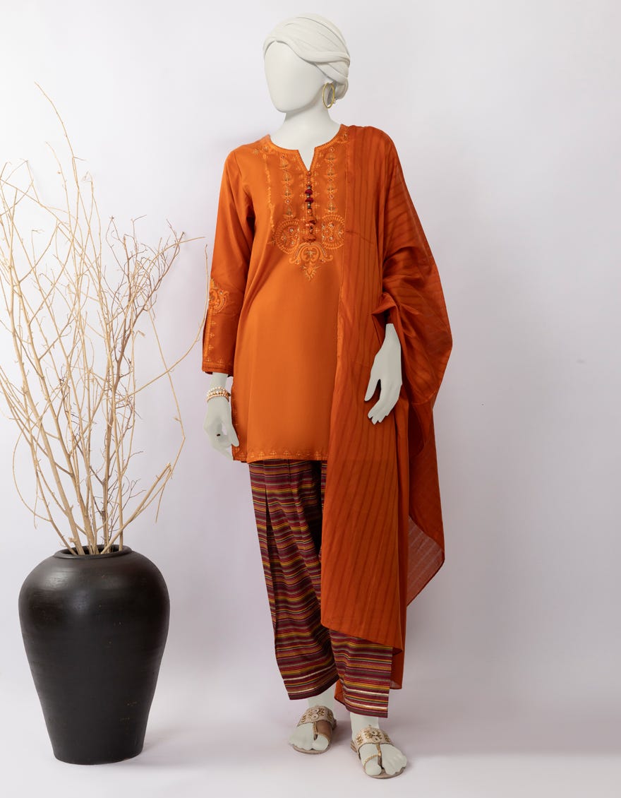 RUST LAWN EMBROIDERED 3PC STITCHED