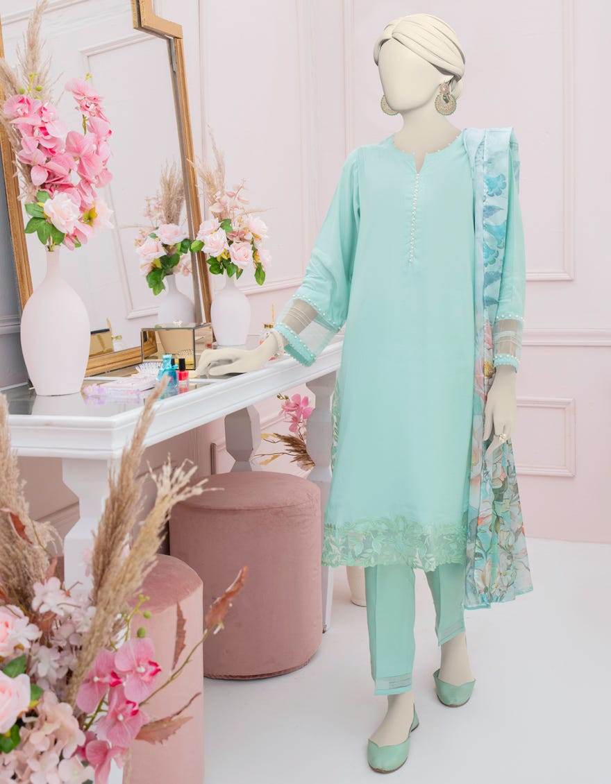 GREEN SILK EMBROIDERED 3PC STITCHED