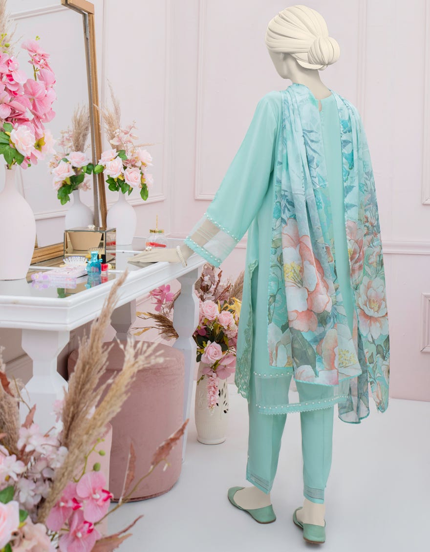 GREEN SILK EMBROIDERED 3PC STITCHED