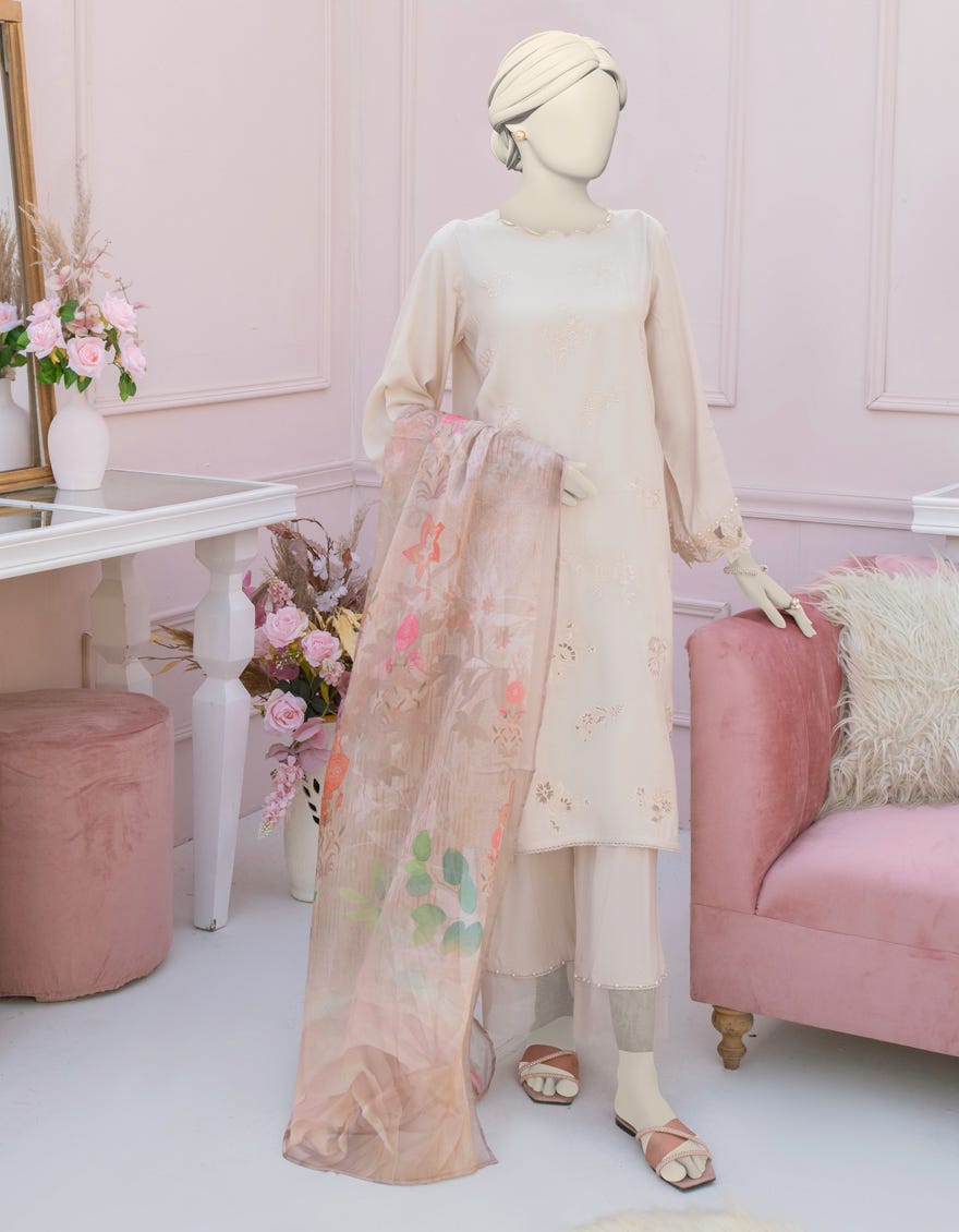 BEIGE SILK EMBROIDERED 3PC STITCHED