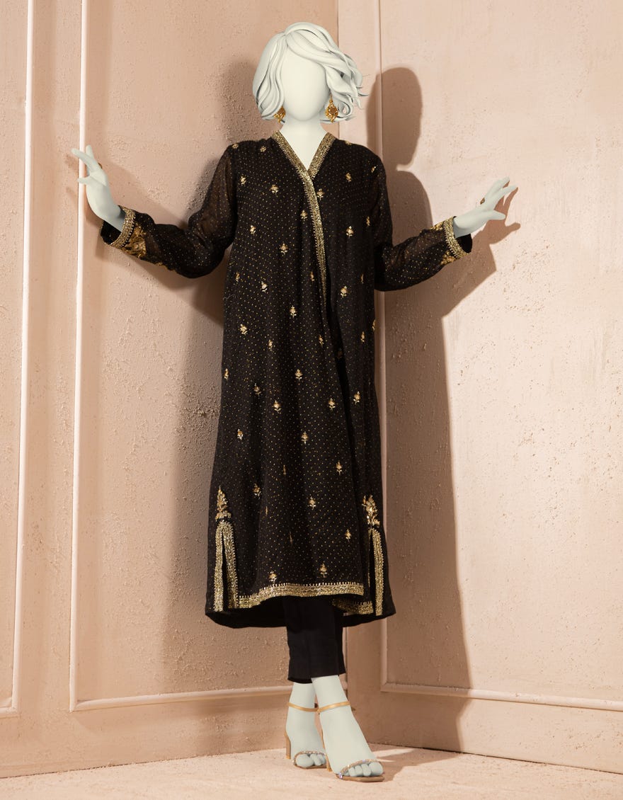 BLACK PAPER COTTON EMBROIDERED KURTI