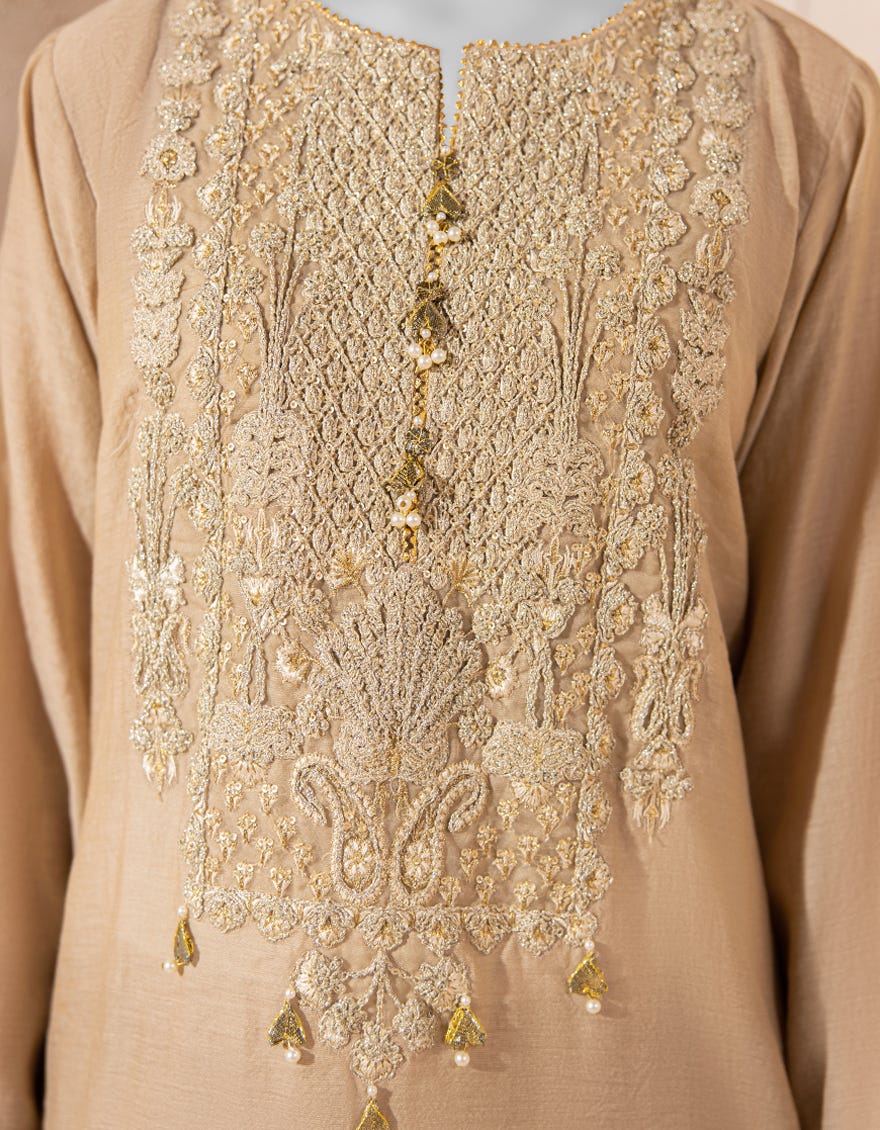 BEIGE COTTON NET EMBROIDERED KURTI