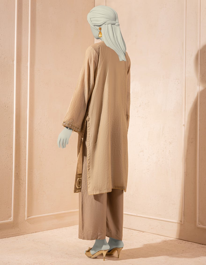 BEIGE COTTON NET EMBROIDERED KURTI