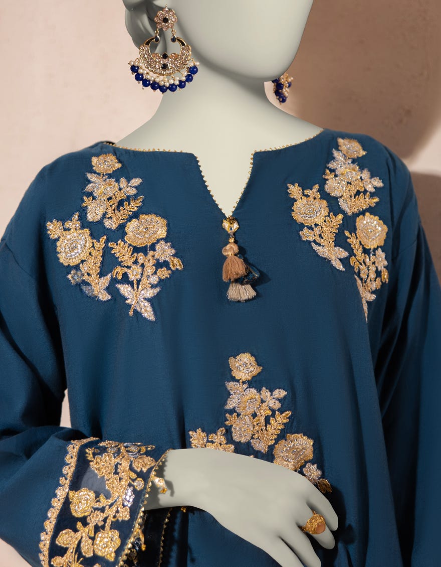 BLUE COTTON NET EMBROIDERED KURTI