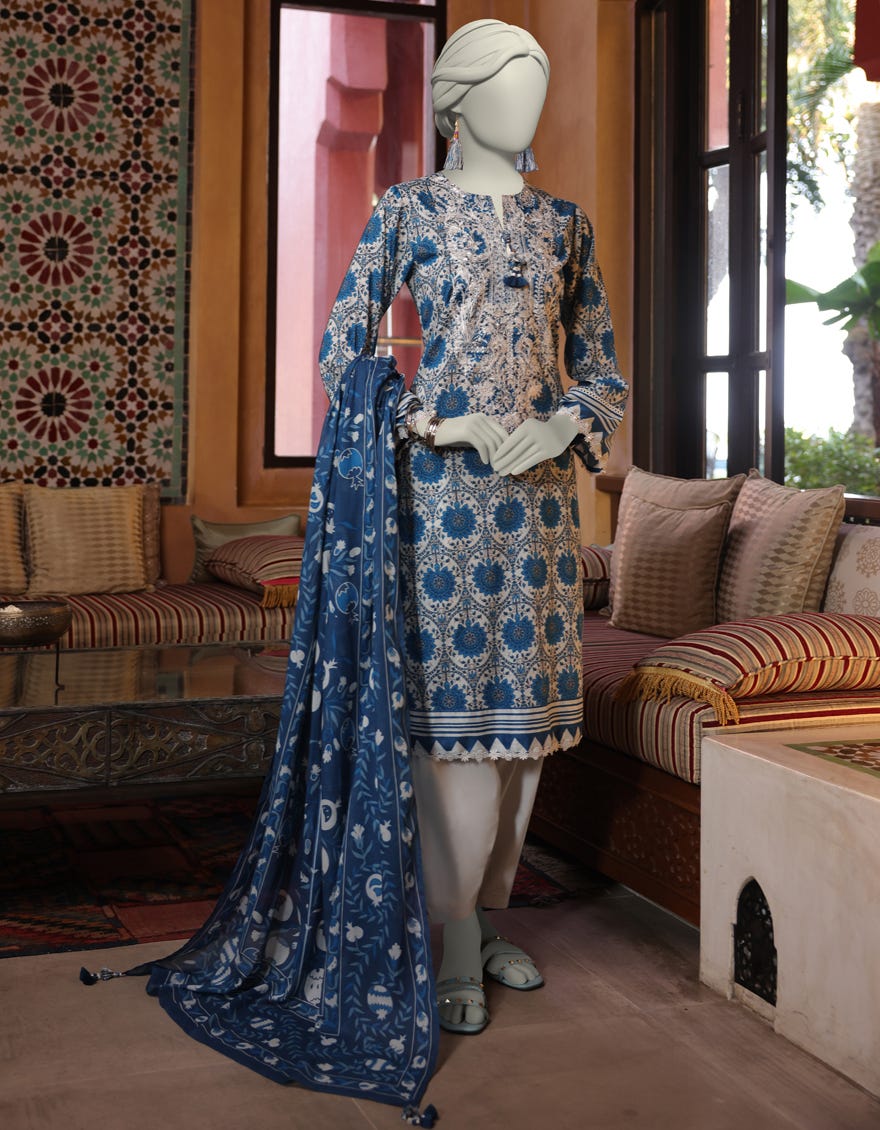 BLUE LAWN EMBROIDERED UNSTITCHED 3PC | JLAWN-S-25-3064