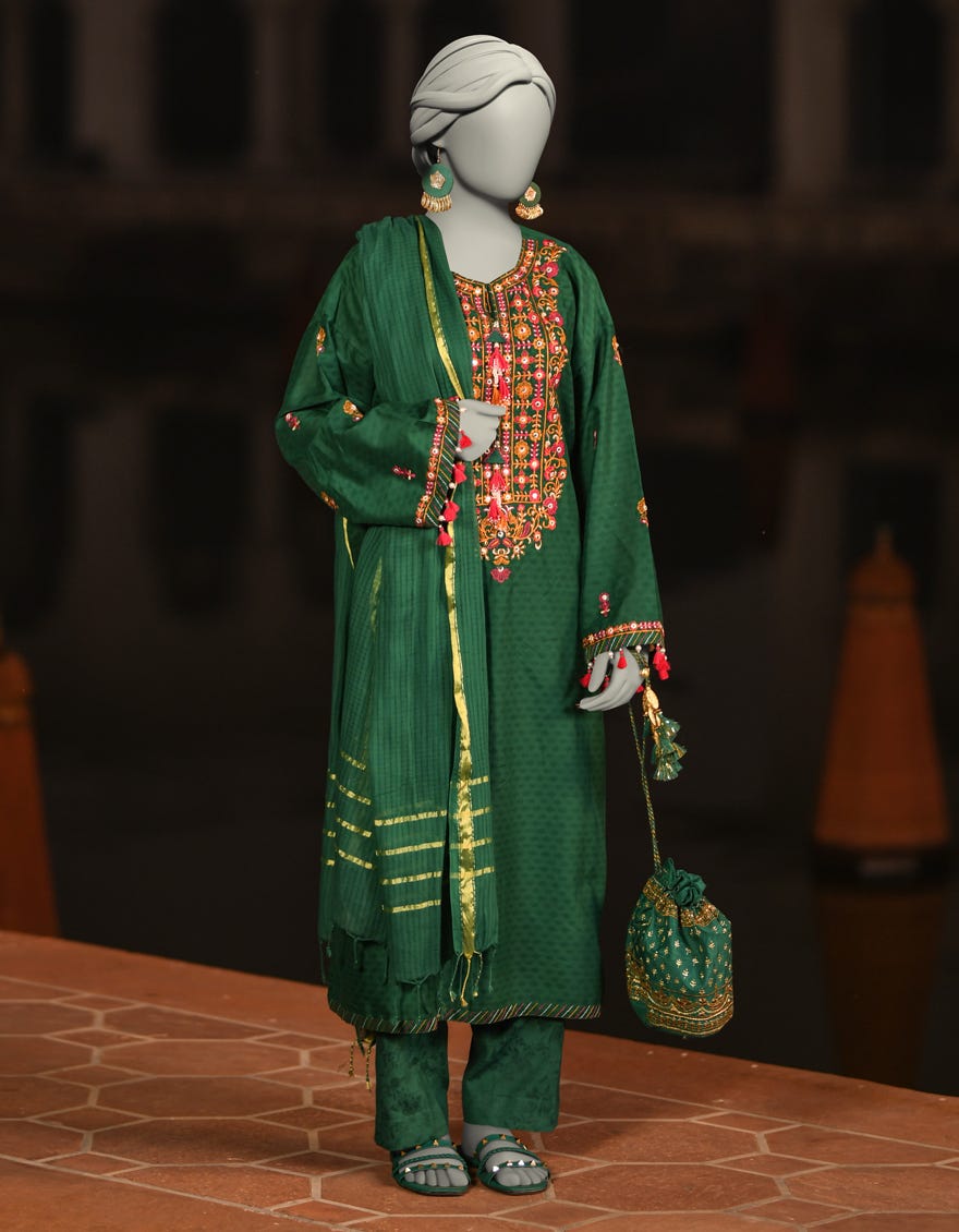 GREEN JACQUARD EMBROIDERED UNSTITCHED 3PC