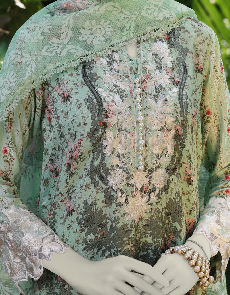 GREEN DOBBY EMBROIDERED UNSTITCHED 3PC | JLAWN-S-25-3120