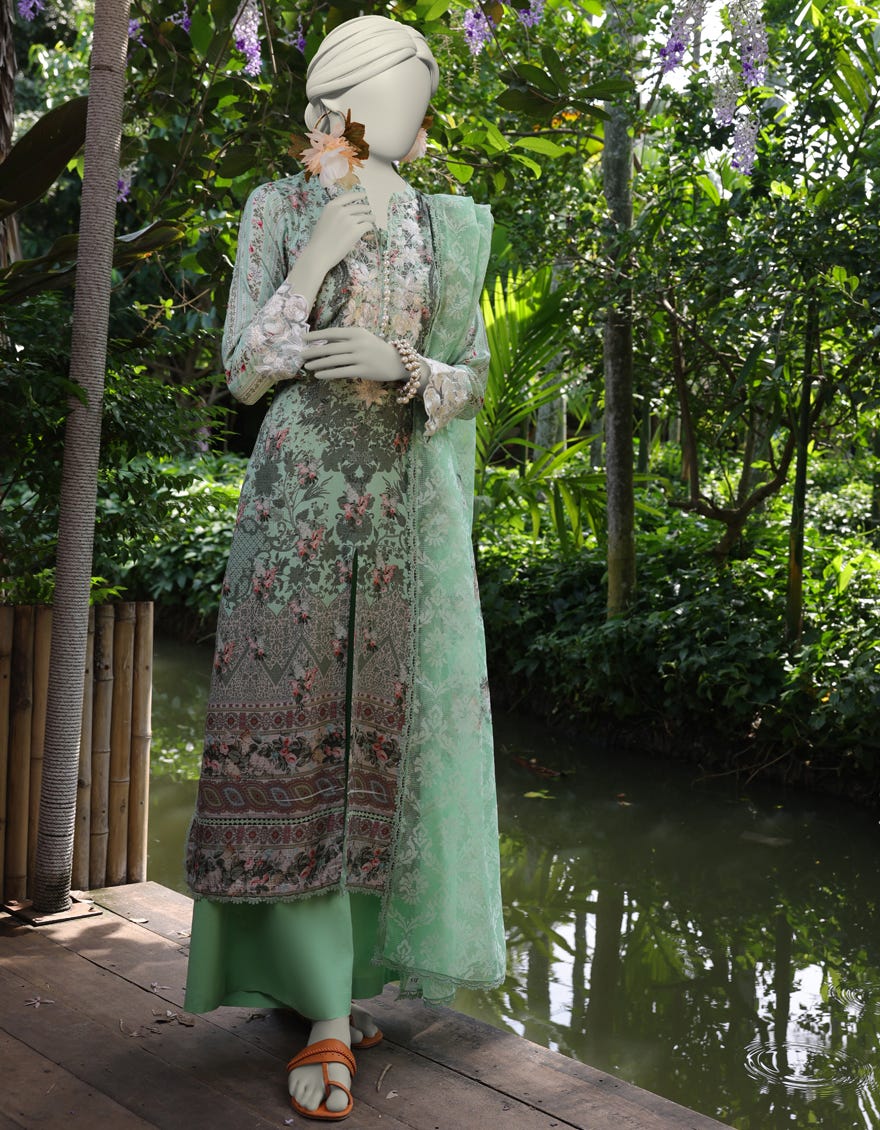 GREEN DOBBY EMBROIDERED UNSTITCHED 3PC | JLAWN-S-25-3120