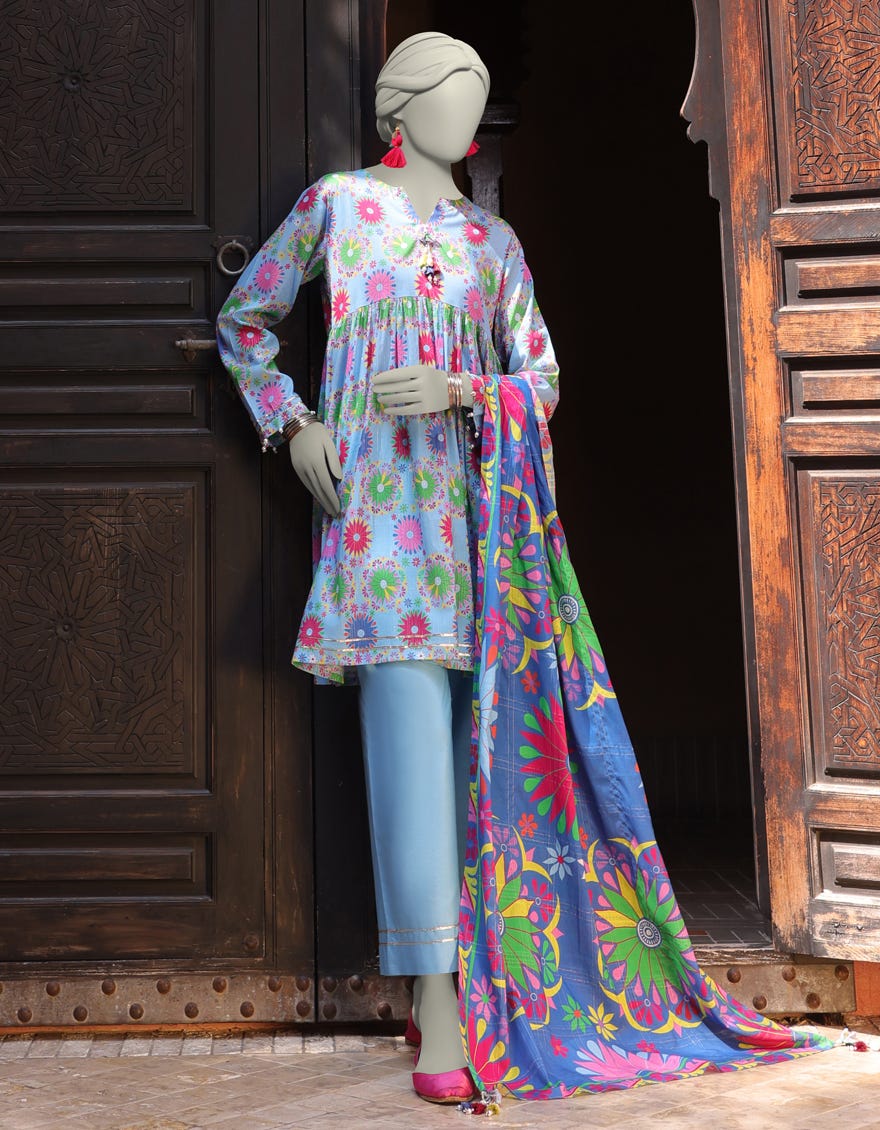 BLUE LAWN PRINTED UNSTITCHED 3PC | JLAWN-S-25-3146
