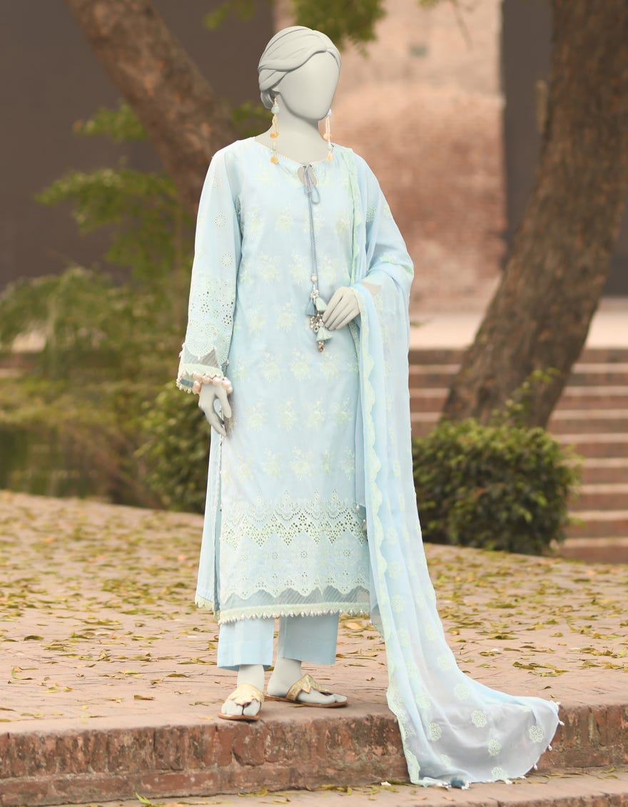 BLUE LAWN SCHIFFLI UNSTITCHED 3PC | JLAWN-S-25-3154