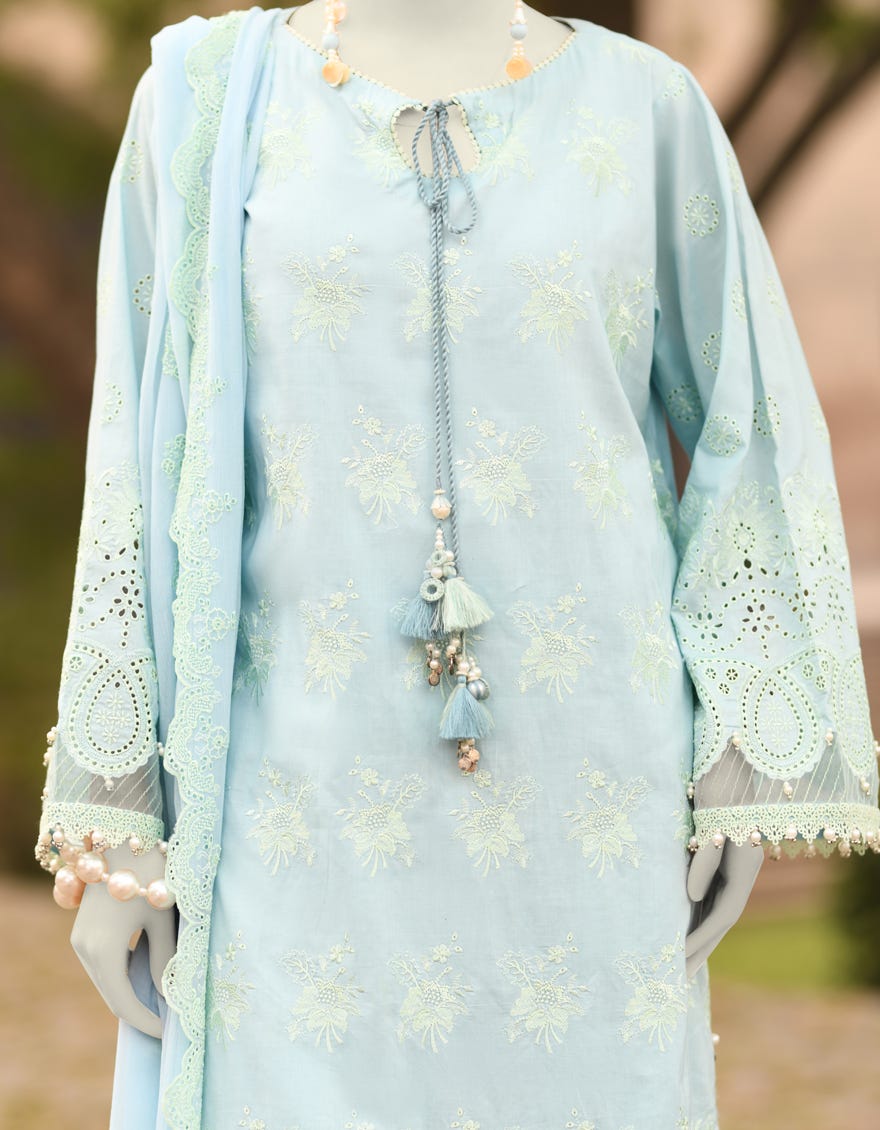 BLUE LAWN SCHIFFLI UNSTITCHED 3PC | JLAWN-S-25-3154