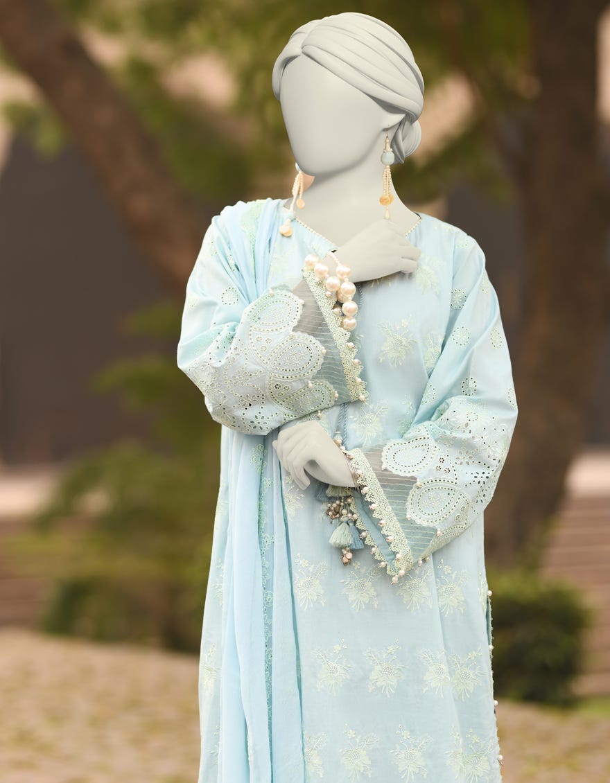BLUE LAWN SCHIFFLI UNSTITCHED 3PC | JLAWN-S-25-3154