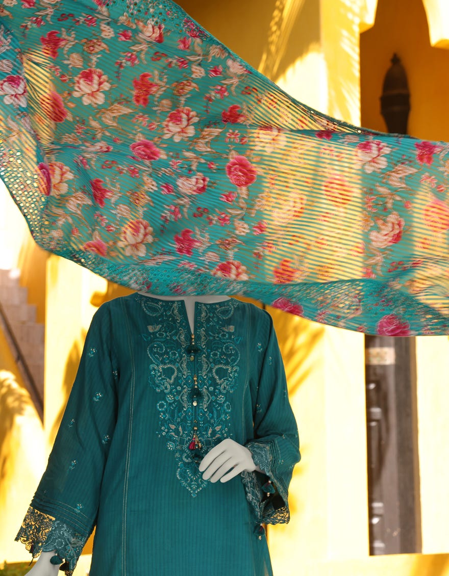 GREEN DOBBY EMBROIDERED UNSTITCHED 3PC | JLAWN-S-25-3158