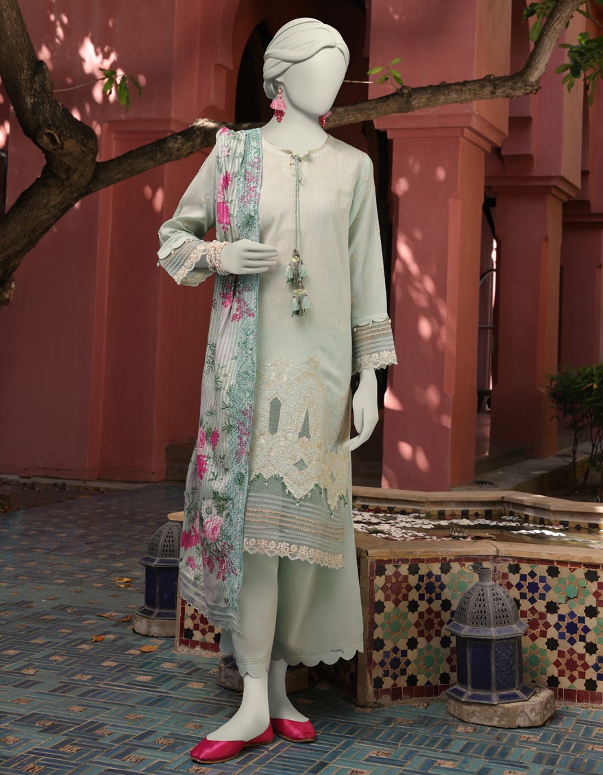 BLUE DOBBY EMBROIDERED UNSTITCHED 3PC | JLAWN-S-25-3162