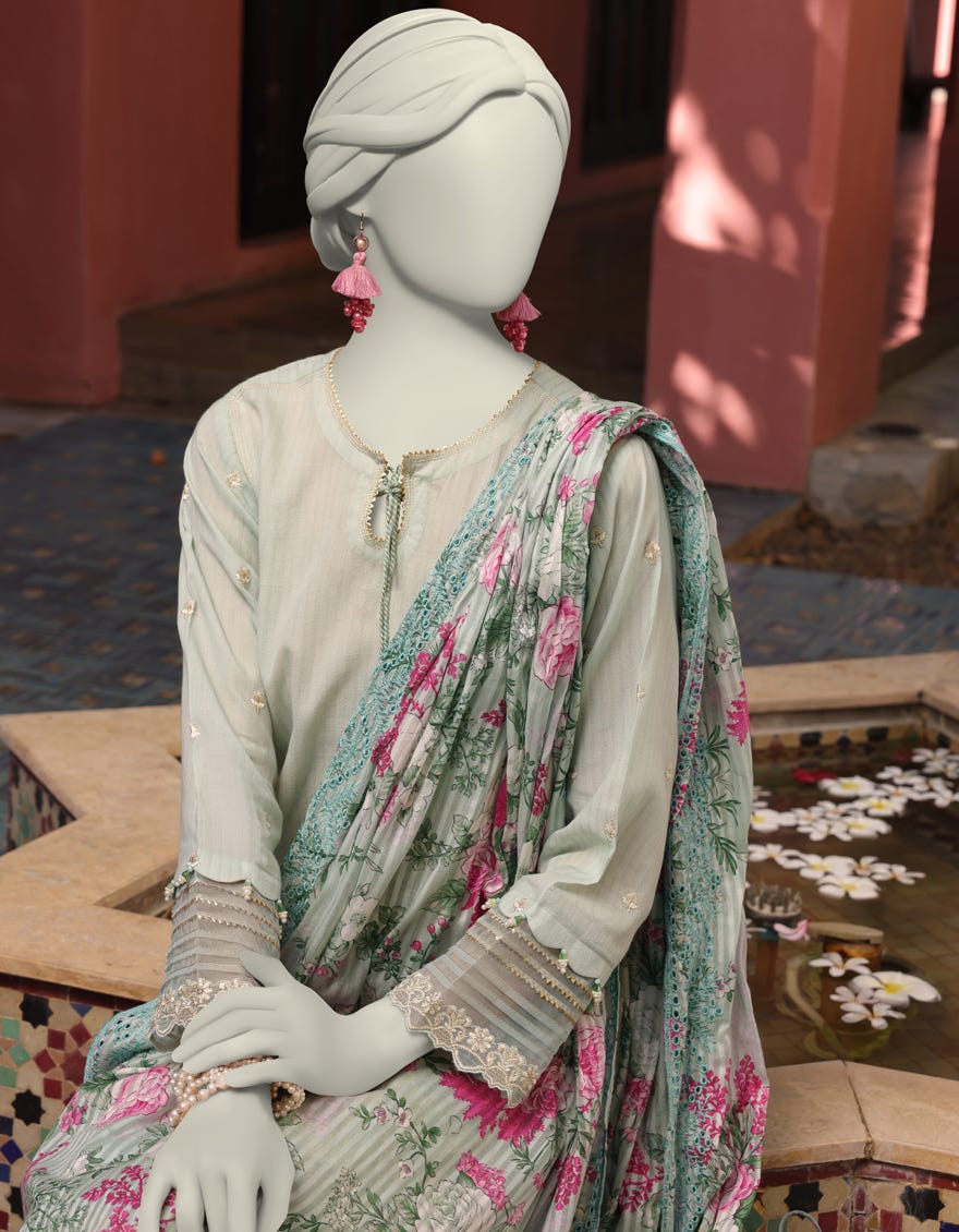 BLUE DOBBY EMBROIDERED UNSTITCHED 3PC | JLAWN-S-25-3162