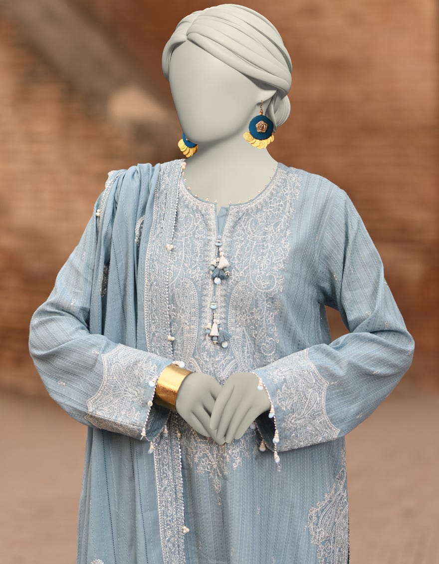 BLUE DORIA EMBROIDERED UNSTITCHED 3PC | JLAWN-S-25-3185