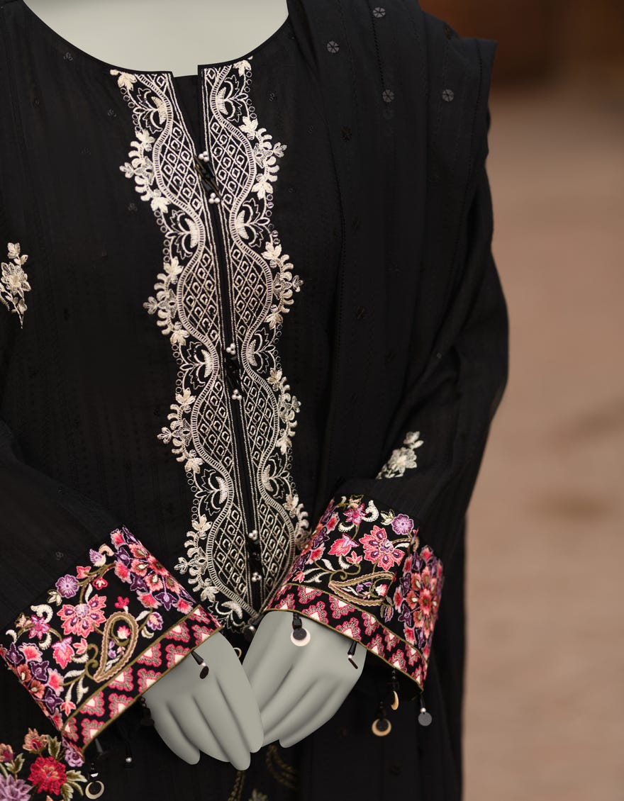 BLACK DORIA EMBROIDERED UNSTITCHED 3PC | JLAWN-S-25-3187