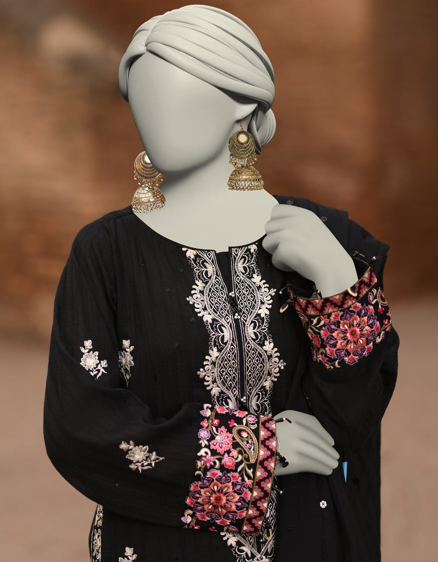 BLACK DORIA EMBROIDERED UNSTITCHED 3PC | JLAWN-S-25-3187