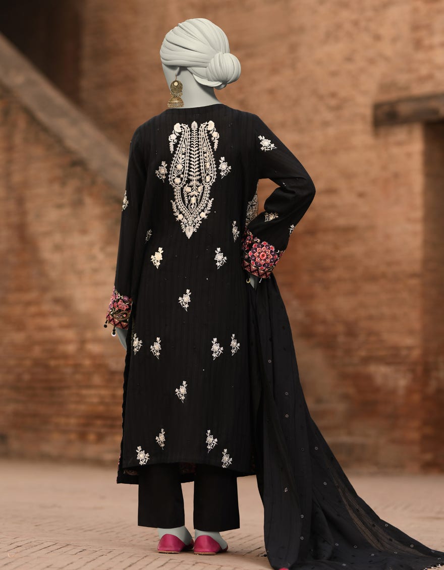 BLACK DORIA EMBROIDERED UNSTITCHED 3PC | JLAWN-S-25-3187