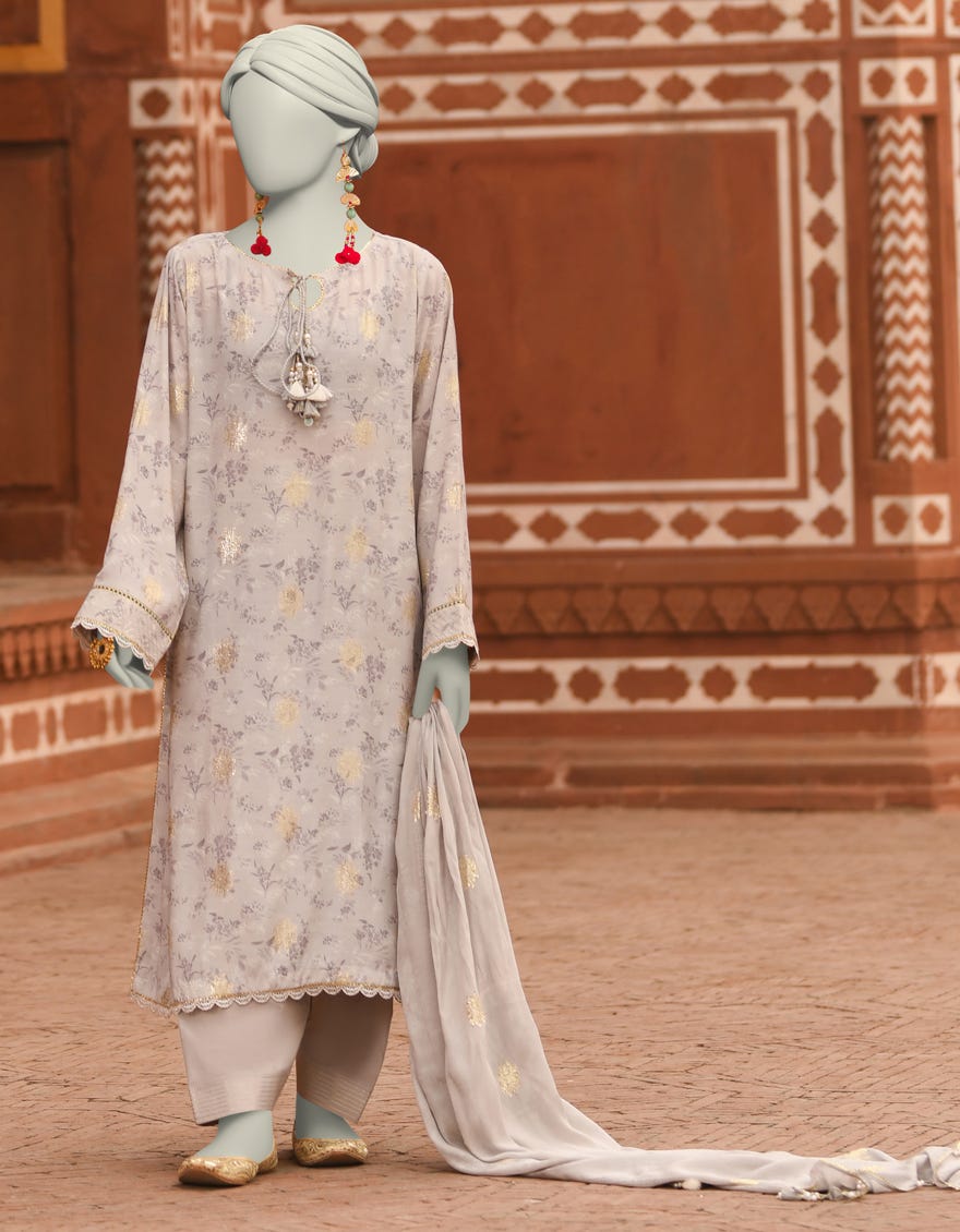 GREY JACQUARD DIGITAL PRINTED UNSTITCHED 3PC | JLAWN-S-25-3194