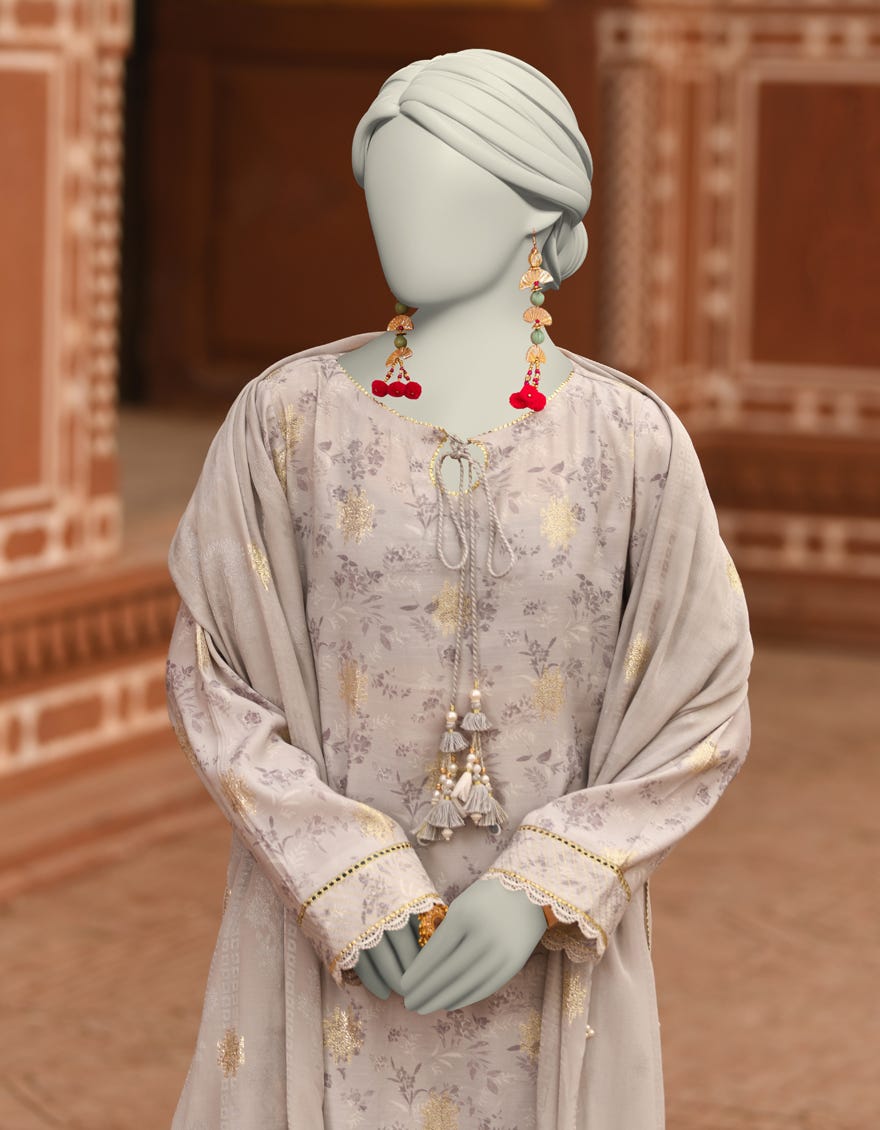 GREY JACQUARD DIGITAL PRINTED UNSTITCHED 3PC | JLAWN-S-25-3194