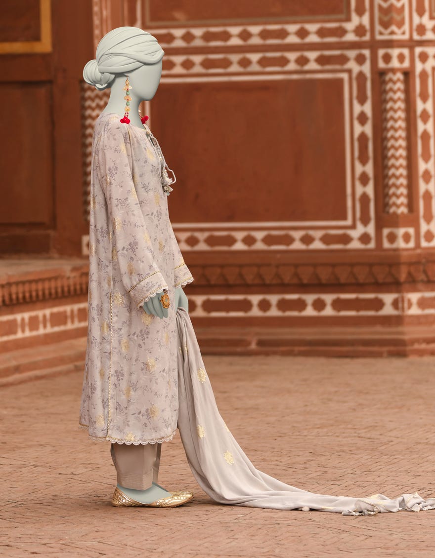 GREY JACQUARD DIGITAL PRINTED UNSTITCHED 3PC | JLAWN-S-25-3194