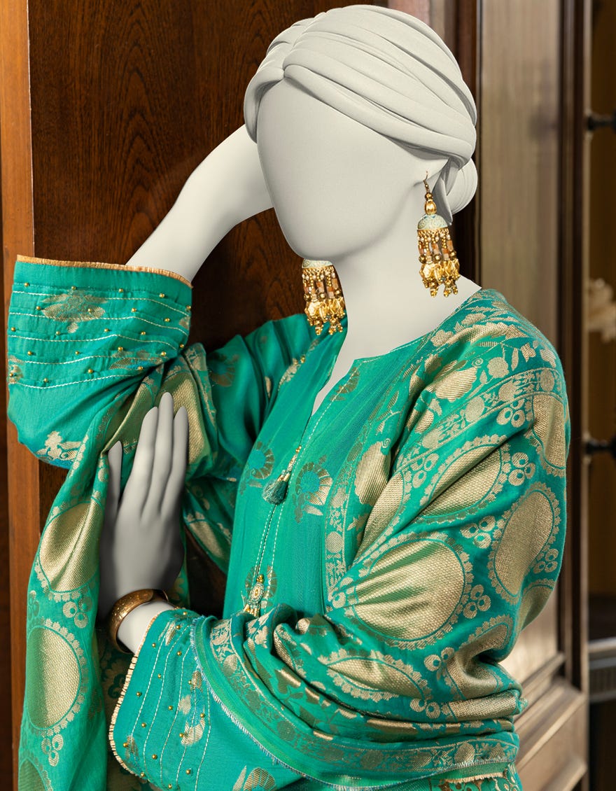 GREEN DYED JACQUARD UNSTITCHED 3PC