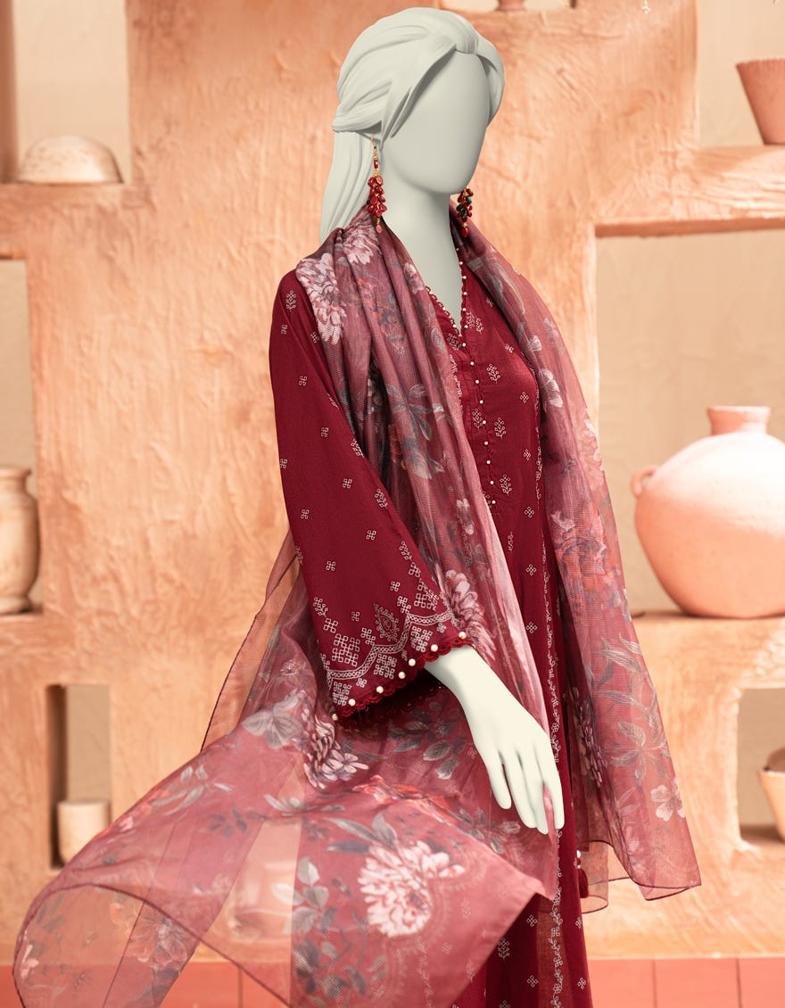 MAROON LAWN PASTE PRINTED UNSTITCHED 3PC