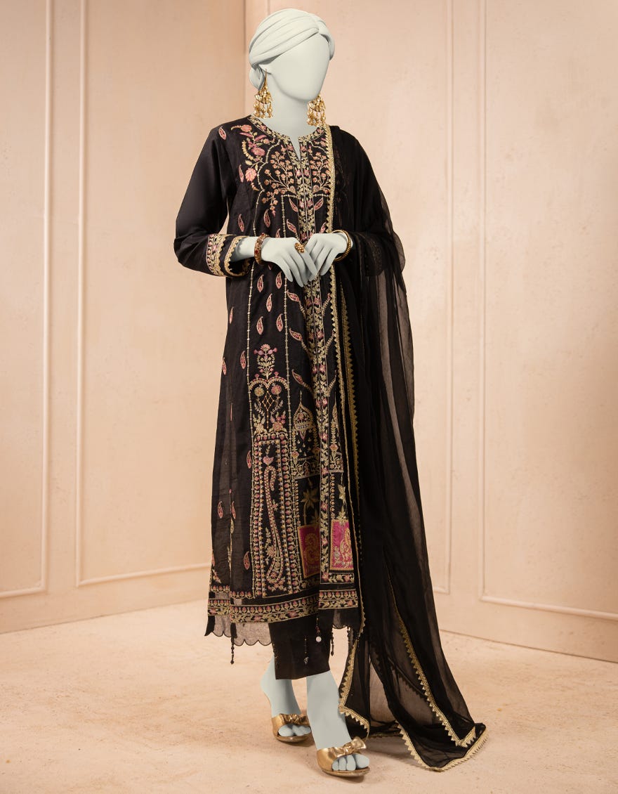 BLACK RAW SILK EMBROIDERED 3PC STITCHED