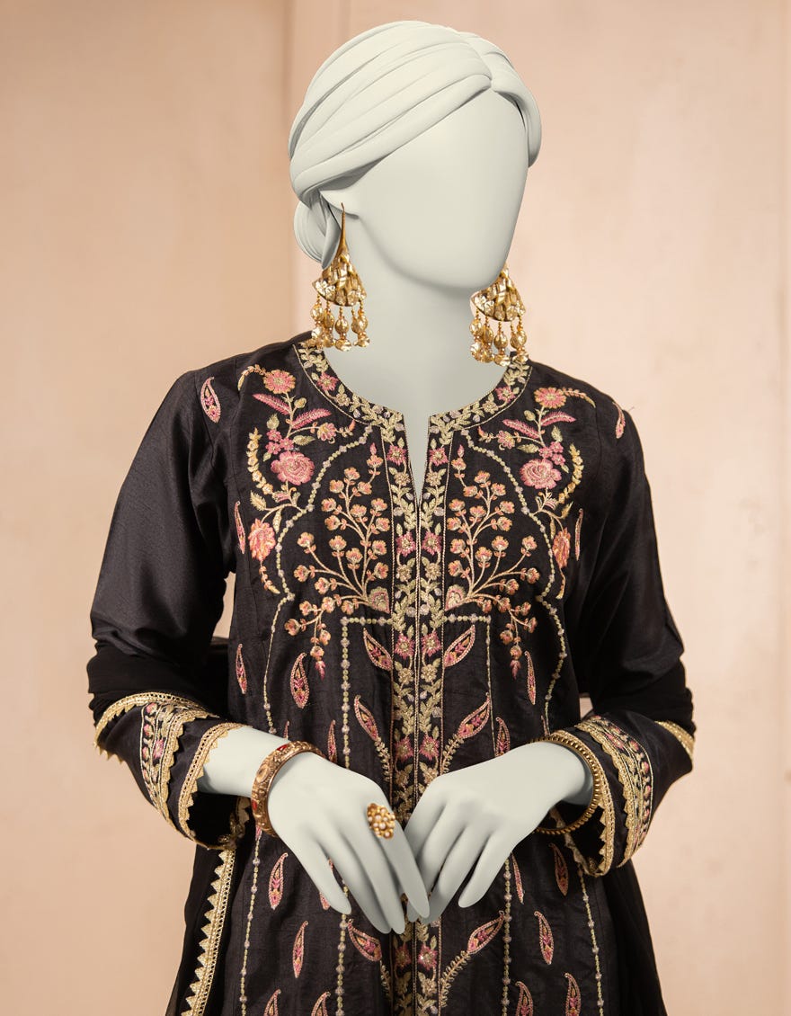 BLACK RAW SILK EMBROIDERED 3PC STITCHED
