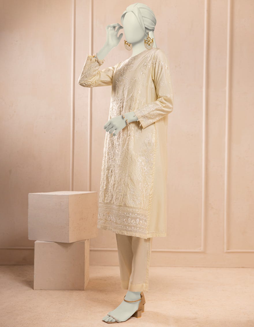 WHITE RAW SILK 2PC STITCHED