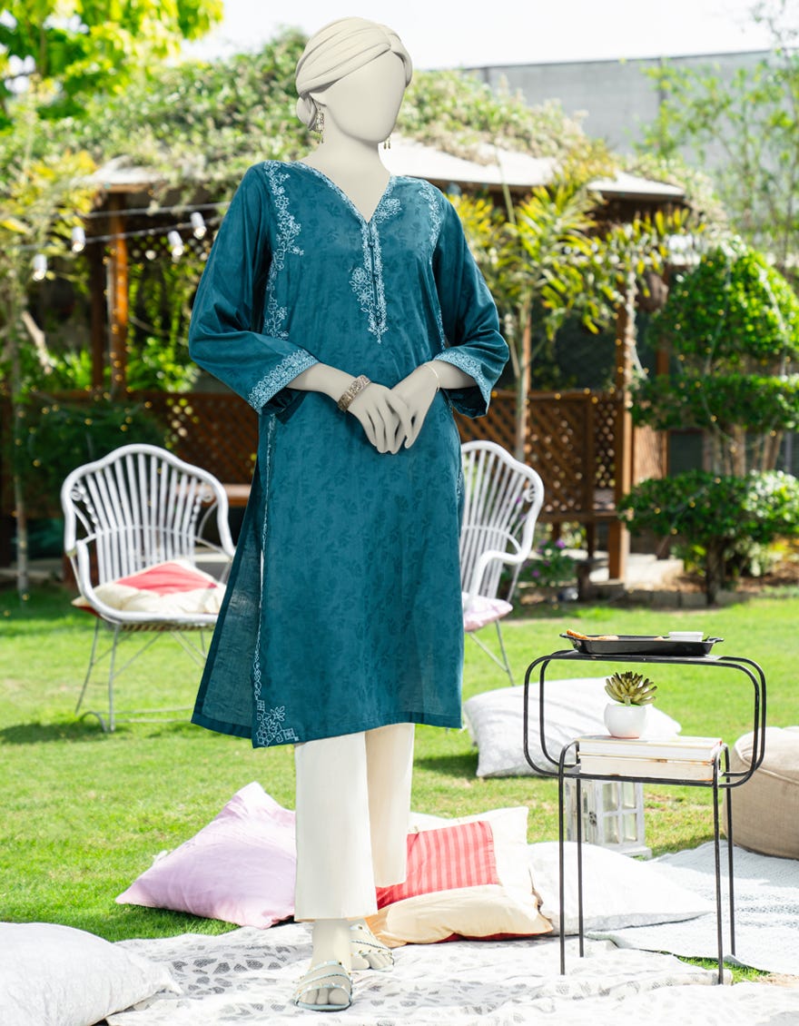 BLUE DOBBY EMBROIDERED KURTI
