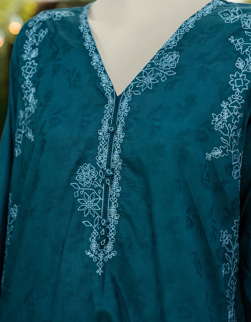 BLUE DOBBY EMBROIDERED KURTI
