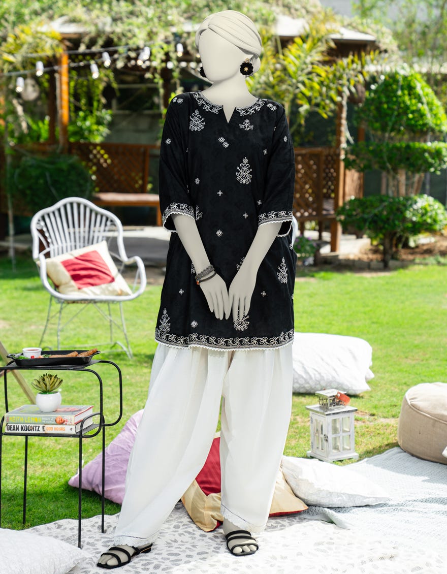 BLACK DOBBY EMBROIDERED KURTI