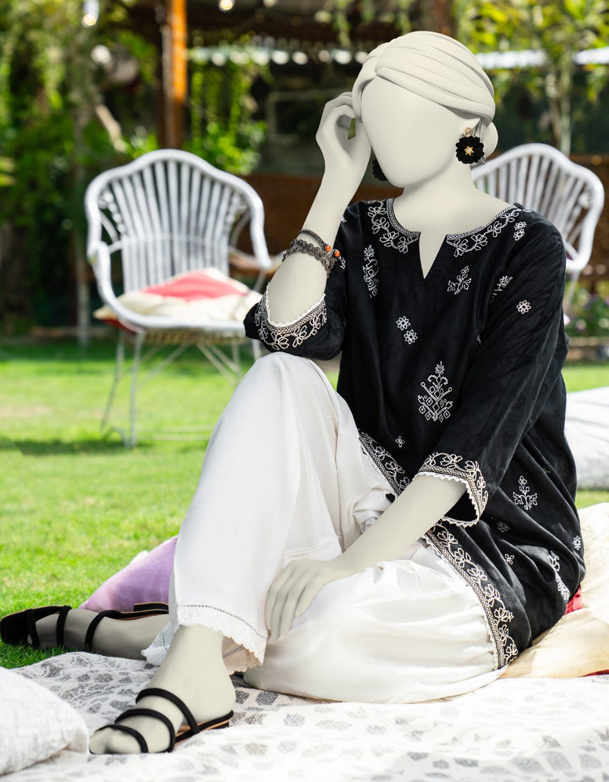 BLACK DOBBY EMBROIDERED KURTI