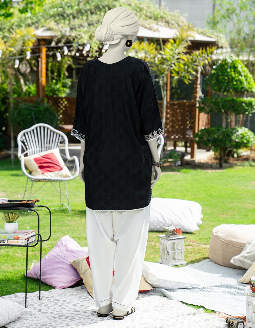 BLACK DOBBY EMBROIDERED KURTI