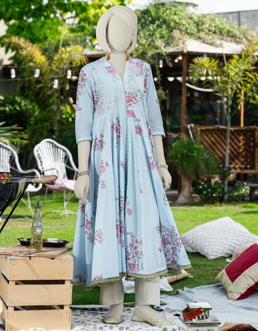 BLUE COTTON LAWN EMBROIDERED KURTI