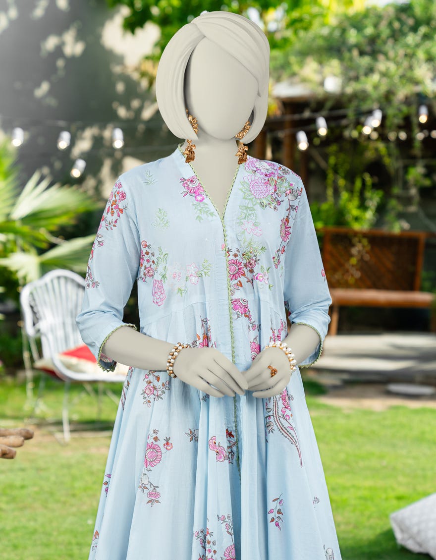 BLUE COTTON LAWN EMBROIDERED KURTI