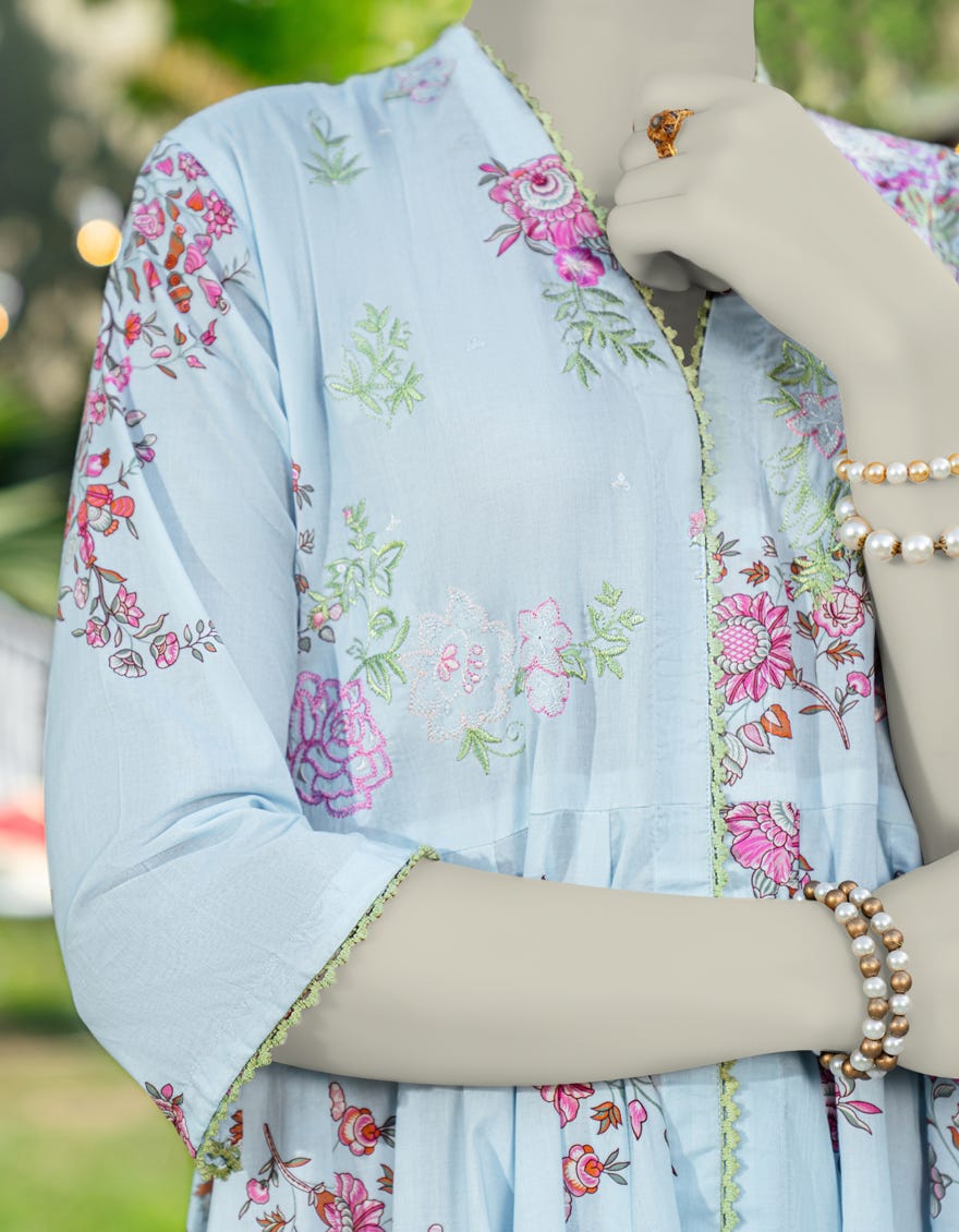 BLUE COTTON LAWN EMBROIDERED KURTI