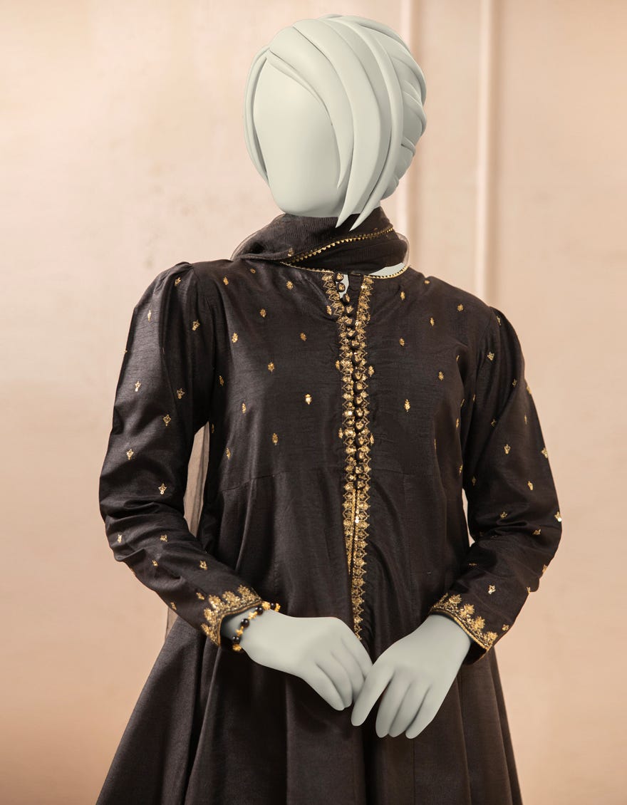 BLACK RAW SILK EMBROIDERED 3PC STITCHED