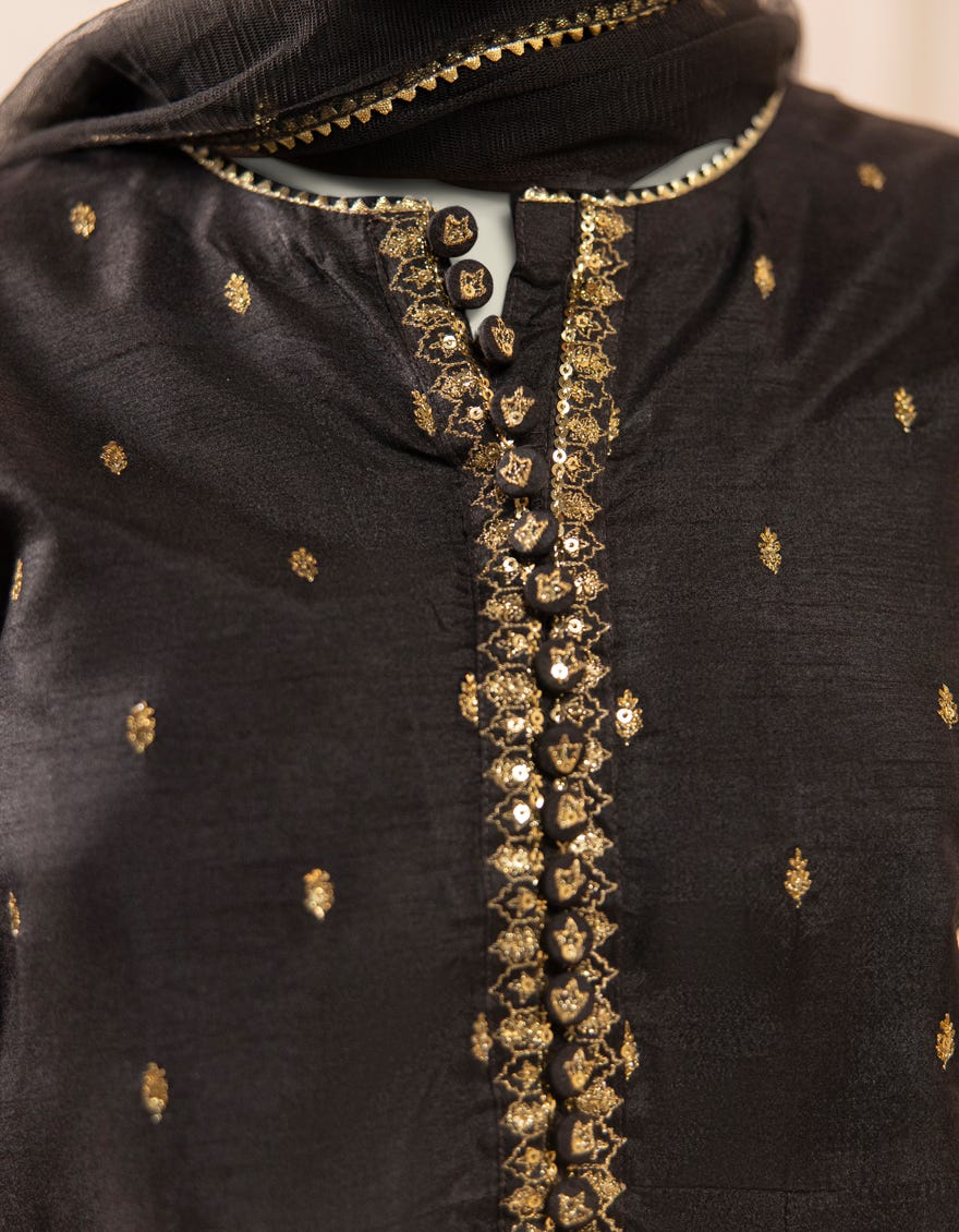 BLACK RAW SILK EMBROIDERED 3PC STITCHED