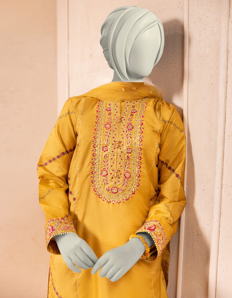 YELLOW RAW SILK EMBROIDERED 3PC STITCHED