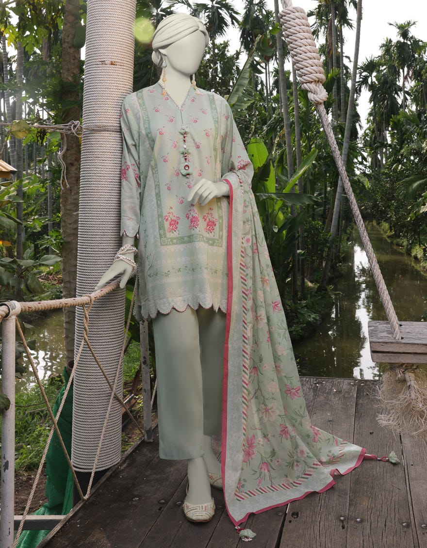 GREEN LAWN PRINTED UNSTITCHED 3PC | JLAWN-S-25-801
